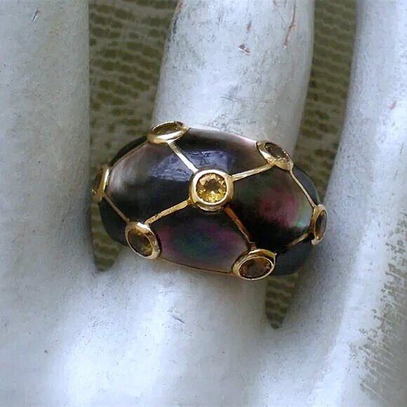 Vintage Designer Solid 14K Yellow Gold Abalone Topaz Cluster Domed Ring